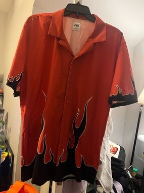 ZARA Men’s Orange Button-Up Shirt with Black Flame Print